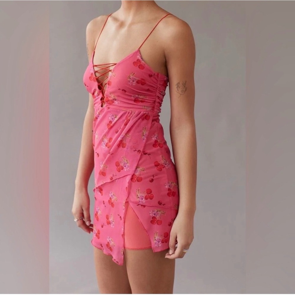 Urban Outfitters Cherry Mesh Mini Dress Womens Size L Pink Y2K Coquette Style